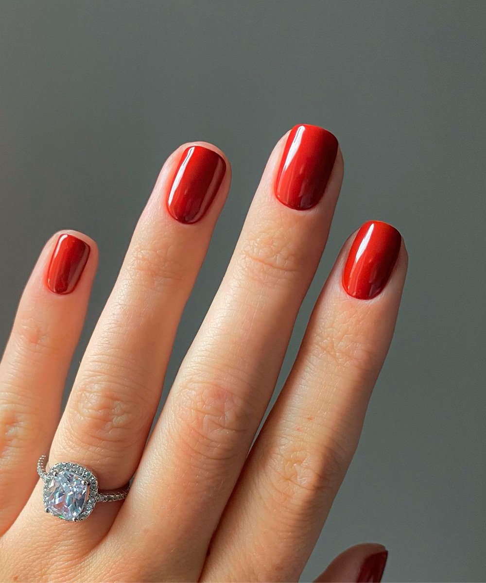 Warm Red Orange Glossy Short Square Nails Warm Red Orange Glossy Short Square Nails — Winter Nail Colors for Pale Skin