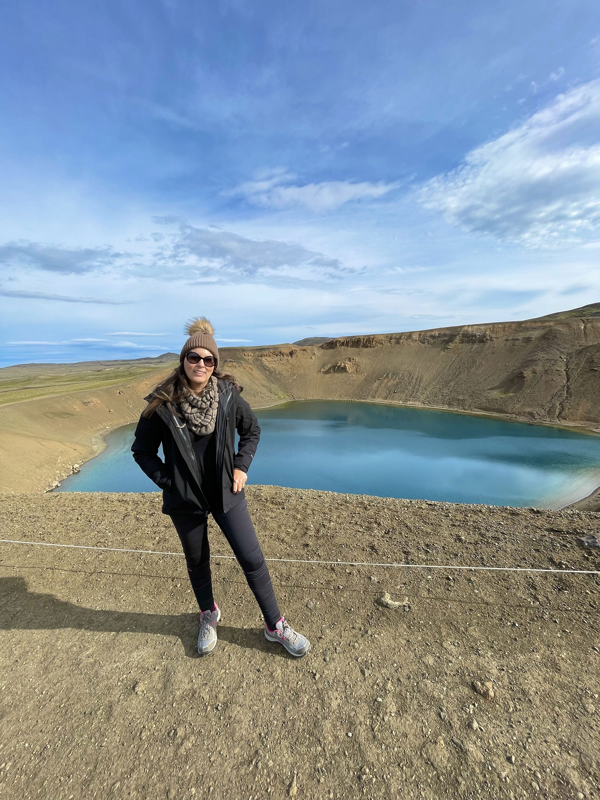 Black Puffer Jacket with Patterned Scarf — Iceland Winter Outfits