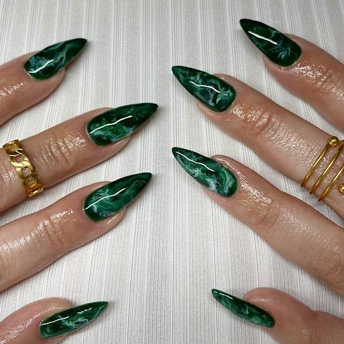 Long Almond Green and White Swirls Long Almond Green and White Swirls — Winter Green Nails