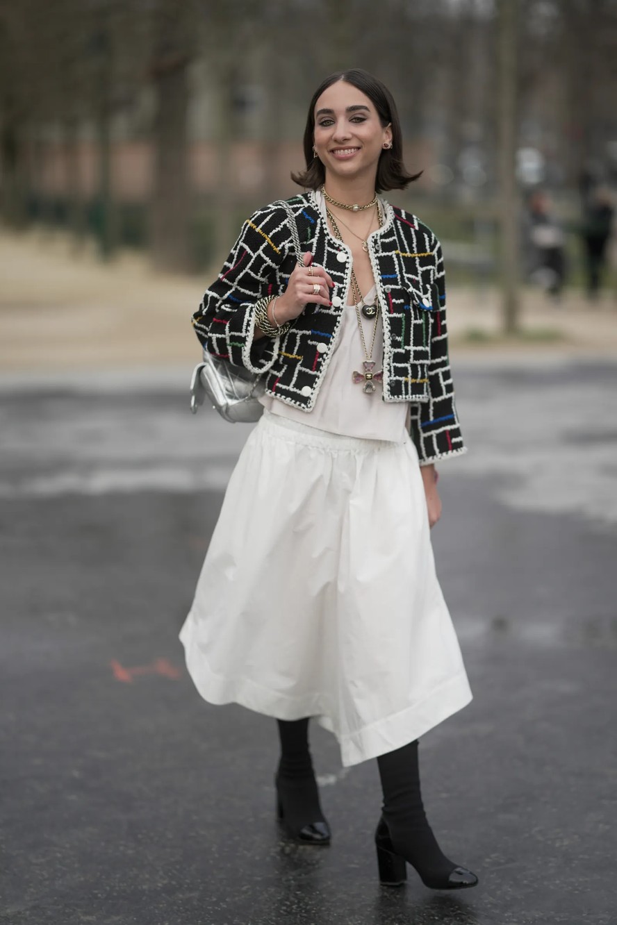 Patterned Tweed Jacket with Midi Skirt and Sock Boots — Old Money Winter Outfits