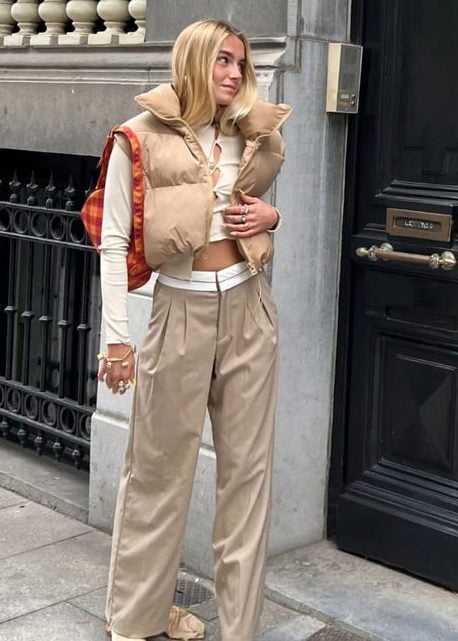 Beige Puffer Vest with Wide-Leg Trousers — Puffer Vest Outfits
