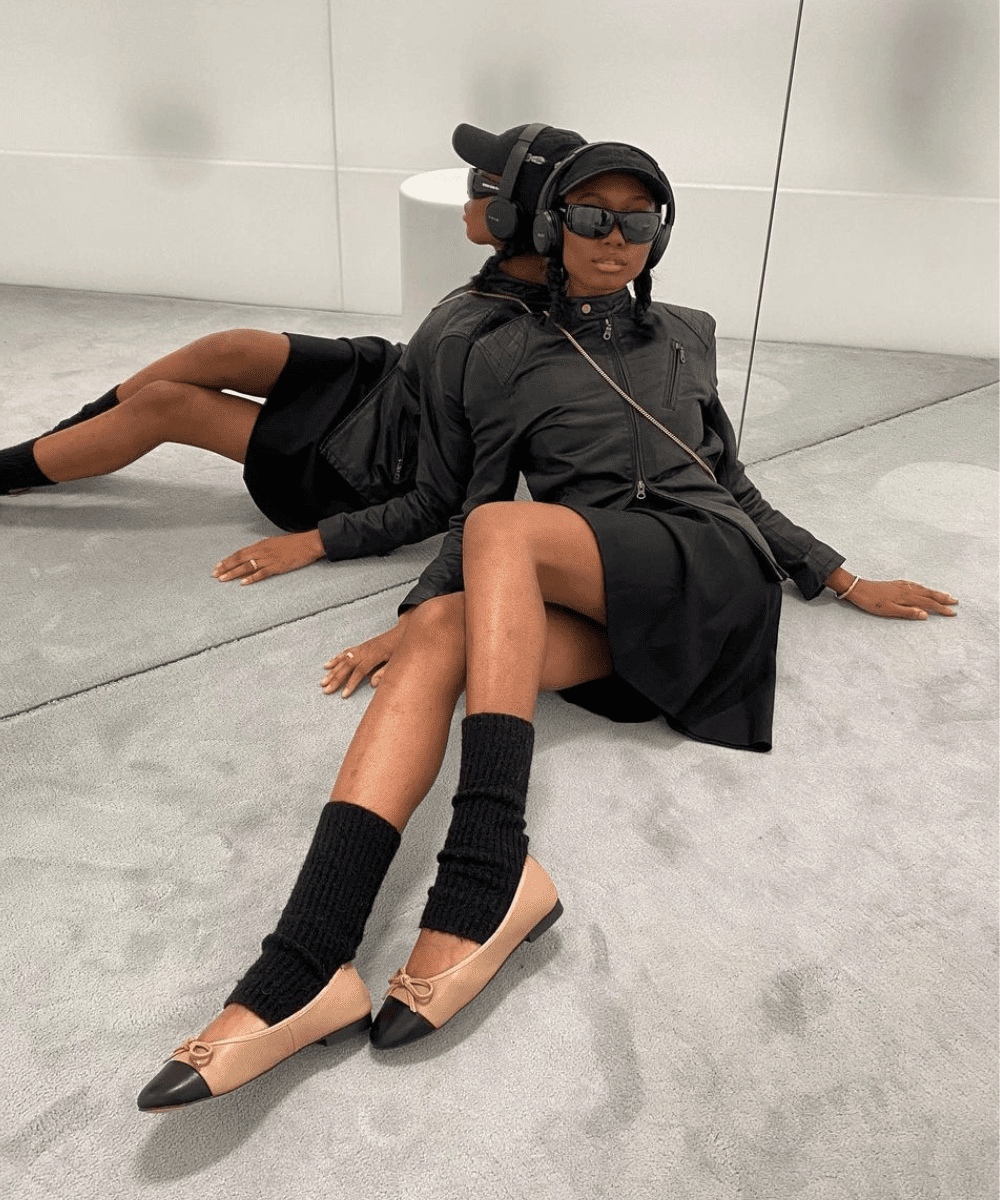 Fashion-Forward Black Outfit with Knit Leg Warmers and Ballet Flats — Leg Warmers Outfits
