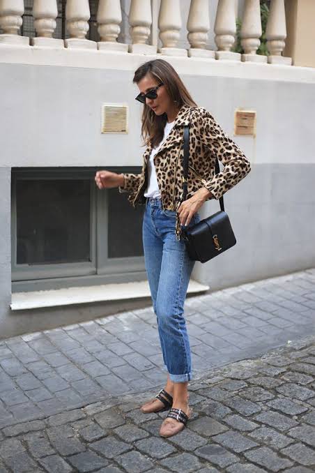 Leopard Moto Jacket with Jeans and Slides Leopard Moto Jacket with Jeans and Slides — Leopard Coat Outfits