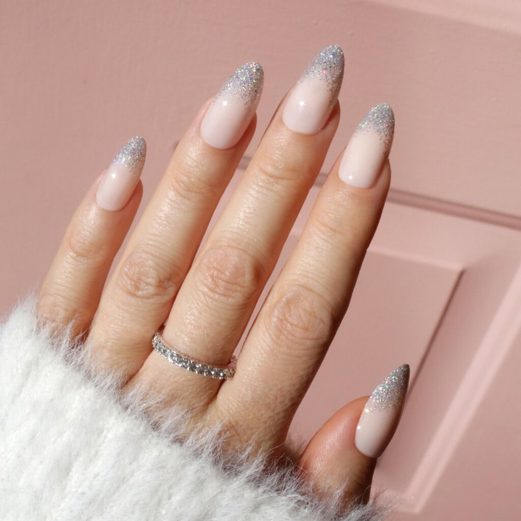 Silver Glitter French Medium Almond Nails Silver Glitter French Medium Almond Nails — Winter Glitter Nails