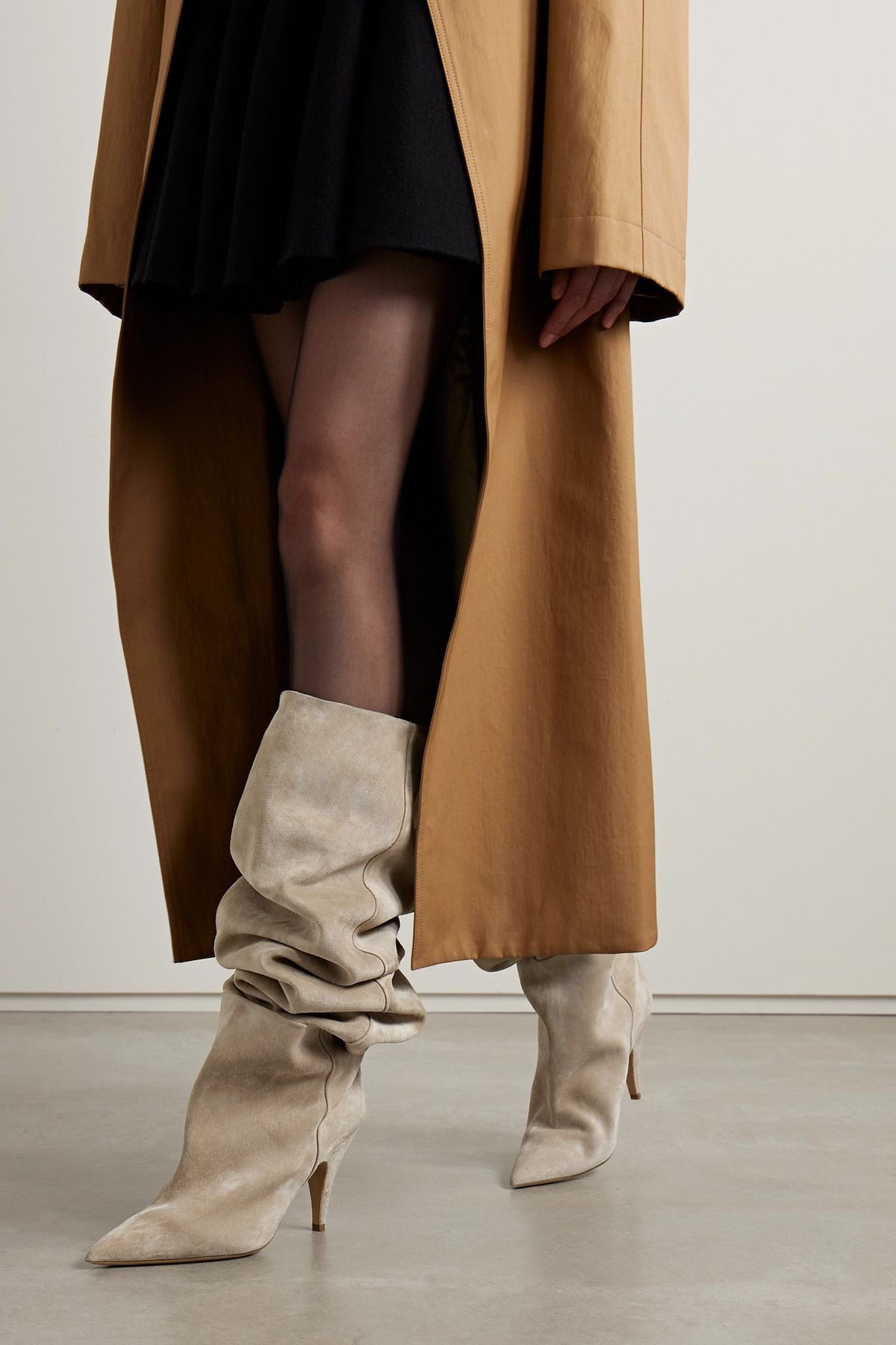 Beige Suede Slouchy Boots with Mini Dress and Trench Coat — Slouchy Boots Outfits