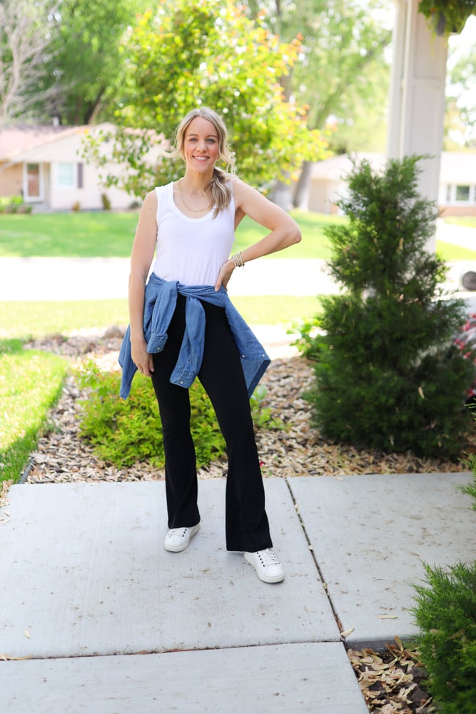 Denim Shirt Tied at Waist with White Tank and Flare Leggings — Flare Leggings Outfits