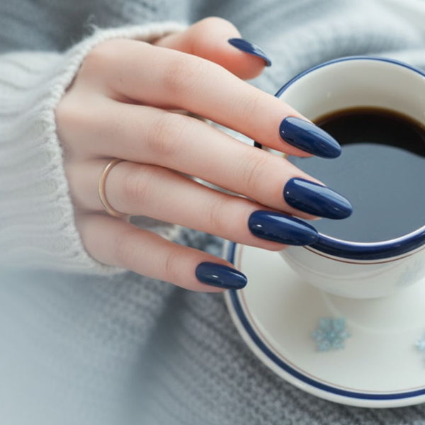 Medium Almond Deep Navy Glossy Nails — Everyday Winter Nails