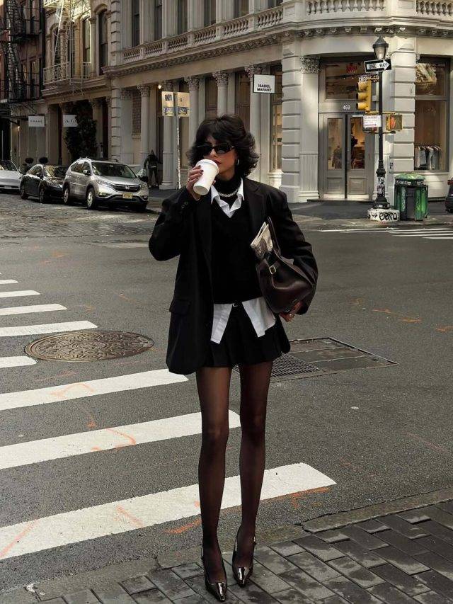 Sheer Black Tights with a Sweater Vest and Oversized Blazer Sheer Black Tights with a Sweater Vest and Oversized Blazer — Tights Outfits