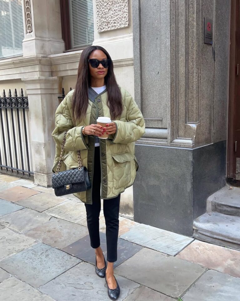 Black Leggings with an Olive Green Quilted Jacket — Winter Outfits with Leggings