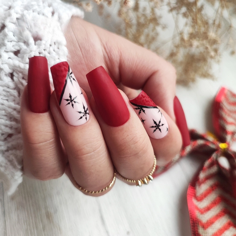 Matte Red Snowflake Coffin Nails — Long Winter Nails