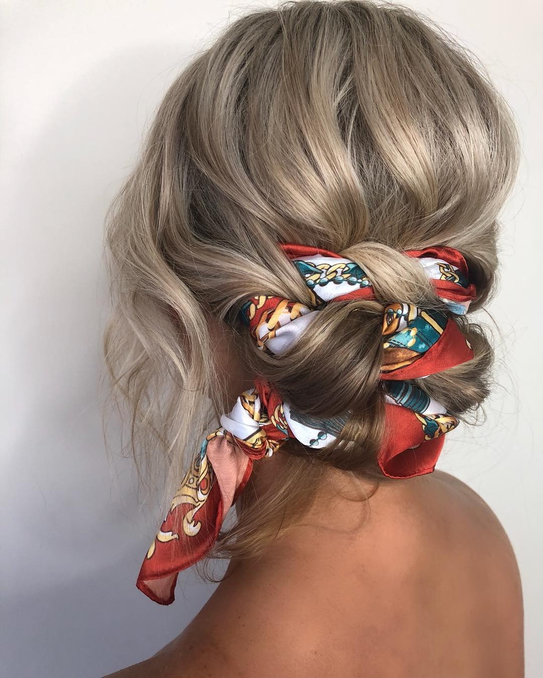 Blonde Updo with Intricate Scarf Weave Blonde Updo with Intricate Scarf Weave — Winter Hairstyles with Scarf