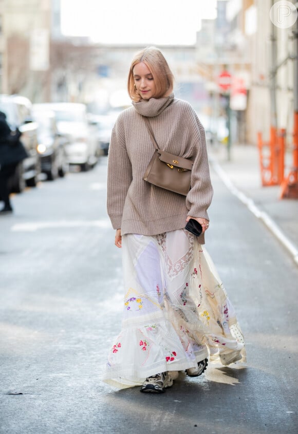 Taupe Turtleneck Sweater Over a Detailed Midi Skirt Taupe Turtleneck Sweater Over a Detailed Midi Skirt — Sweater Outfits