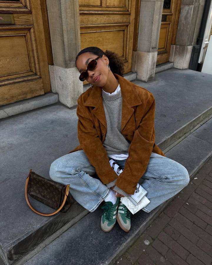 Brown Suede Long Jacket with Green Sneakers — Long Coat Outfits