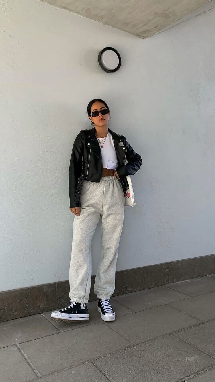 Edgy Streetwear: Leather Jacket and Sweatpants — Sweatpants Outfits