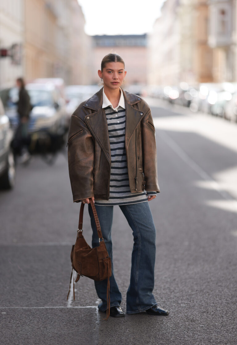 Streetwear Vibe: Oversized Brown Leather Biker Jacket — Brown Coat Outfits
