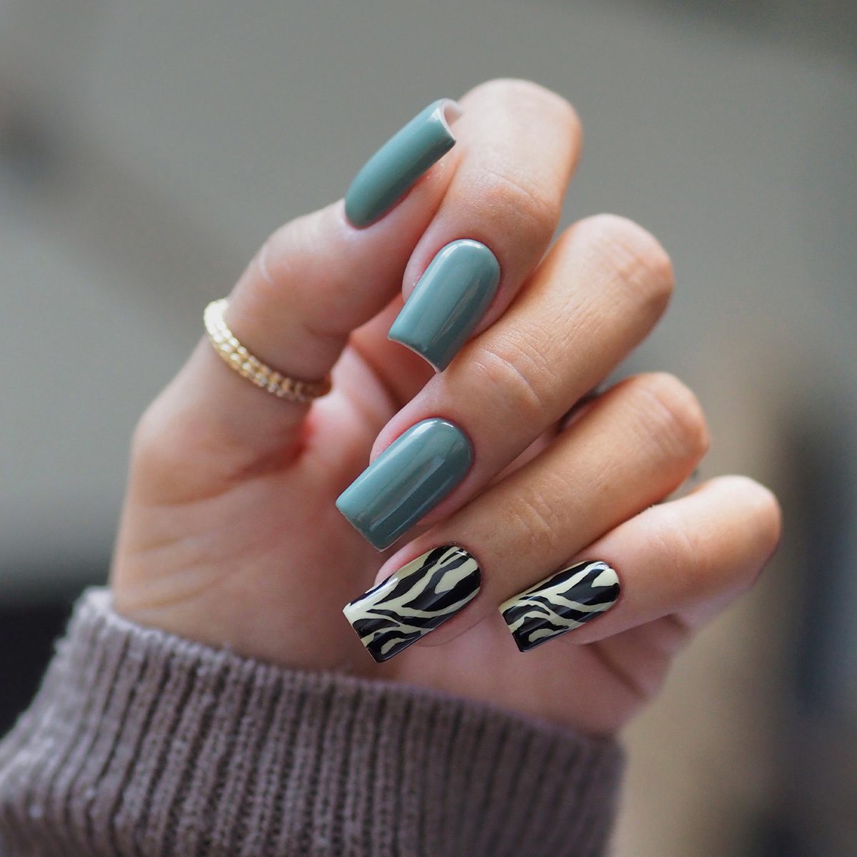Sage Green with Zebra Print Accent Sage Green with Zebra Print Accent — Fall to Winter Nails