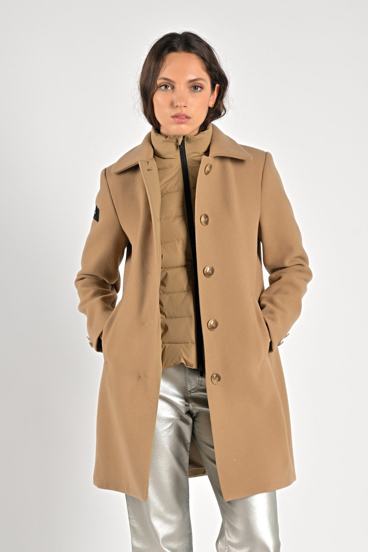 Textural Contrast: Camel Coat with Puffer Vest and Silver Trousers — Camel Coat Outfits
