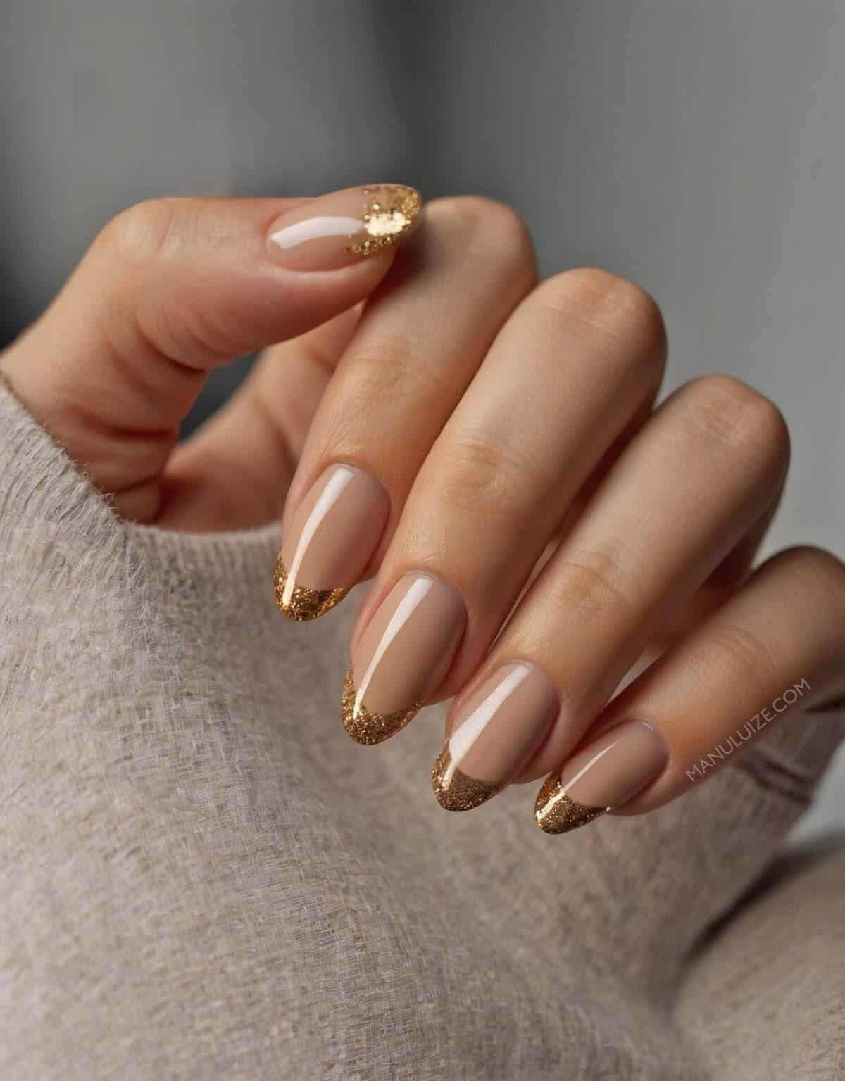 Nude Base Gold Glitter French Tips Nude Base Gold Glitter French Tips — Classy Winter Nails