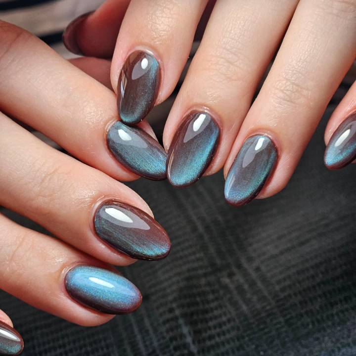 Deep Brown Shifting Cat-Eye Oval — Winter Ombre Nails