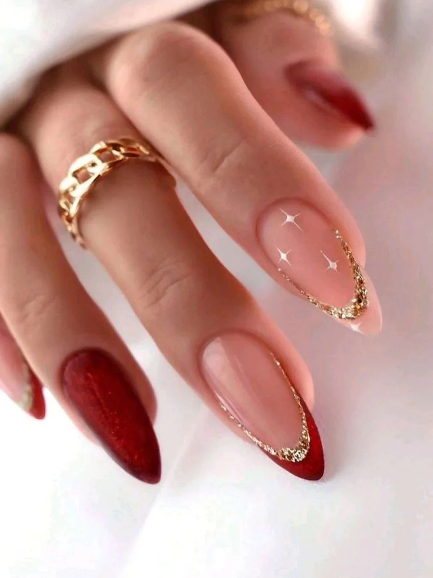 Deep Red with Gold Glitter French Tips Deep Red with Gold Glitter French Tips — Cherry Red Nails