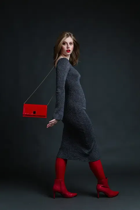 Sparkly Grey Midi Dress with Vibrant Red Ankle Boots — Winter Dress Outfits