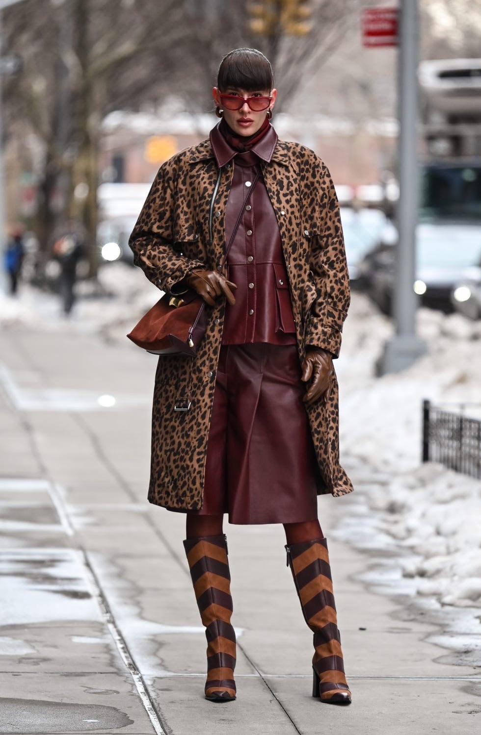 Leopard Print Trench Coat with Burgundy Leather and Striped Boots — NYC Winter Outfits