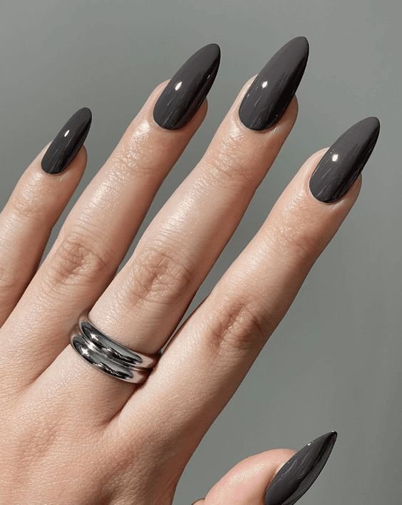 Deep Cool Gray High Gloss Stilettos — Winter Gray Nails