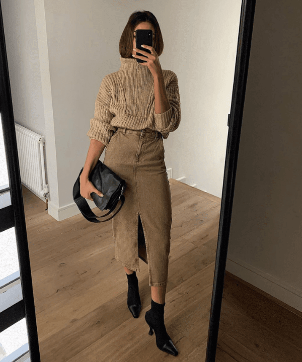 Denim Midi Skirt with Slit, Turtleneck and Sock Boots — Winter Skirt Outfits