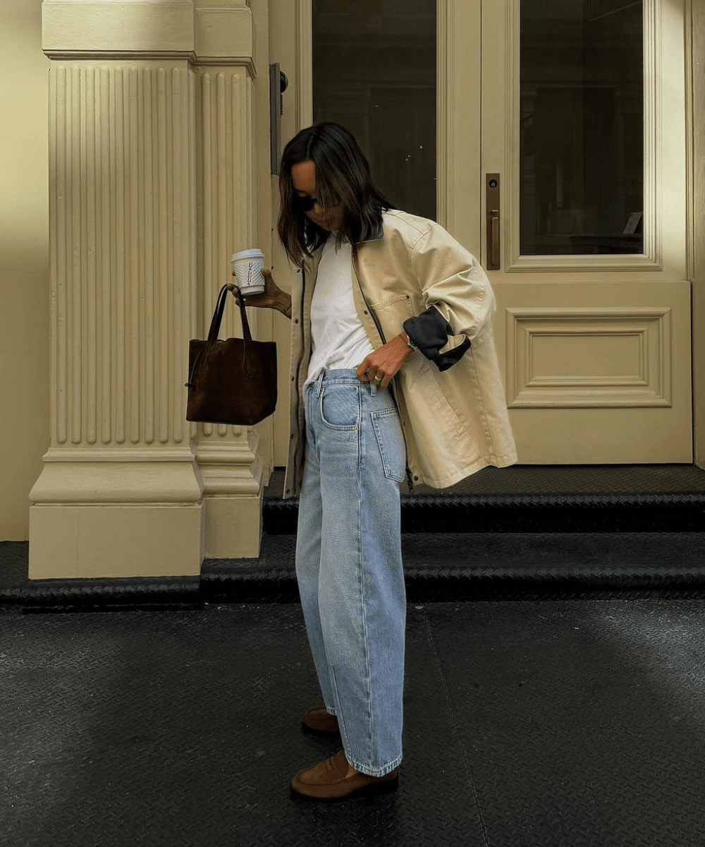 Brown Bralette, Button-Up Shirt, and Wide-Leg Pants — Neutral Winter Outfits