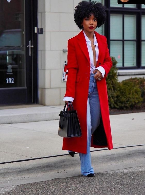 Vibrant Red Tailored Coat with Wide-Leg Jeans — Long Coat Outfits