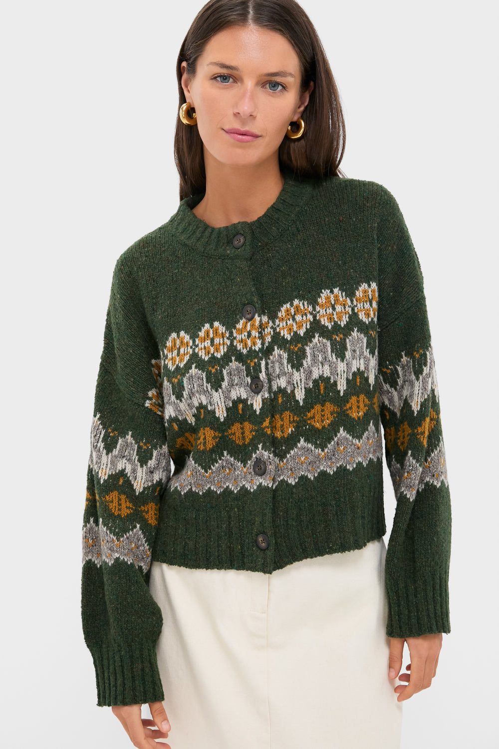 Casual Cropped Green Fair Isle Cardigan with Gold Earrings — Fair Isle Sweater Outfits