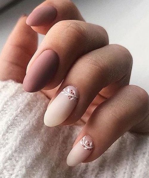 Dusty Rose Cream Matte Branch Art — Medium Length Winter Nails