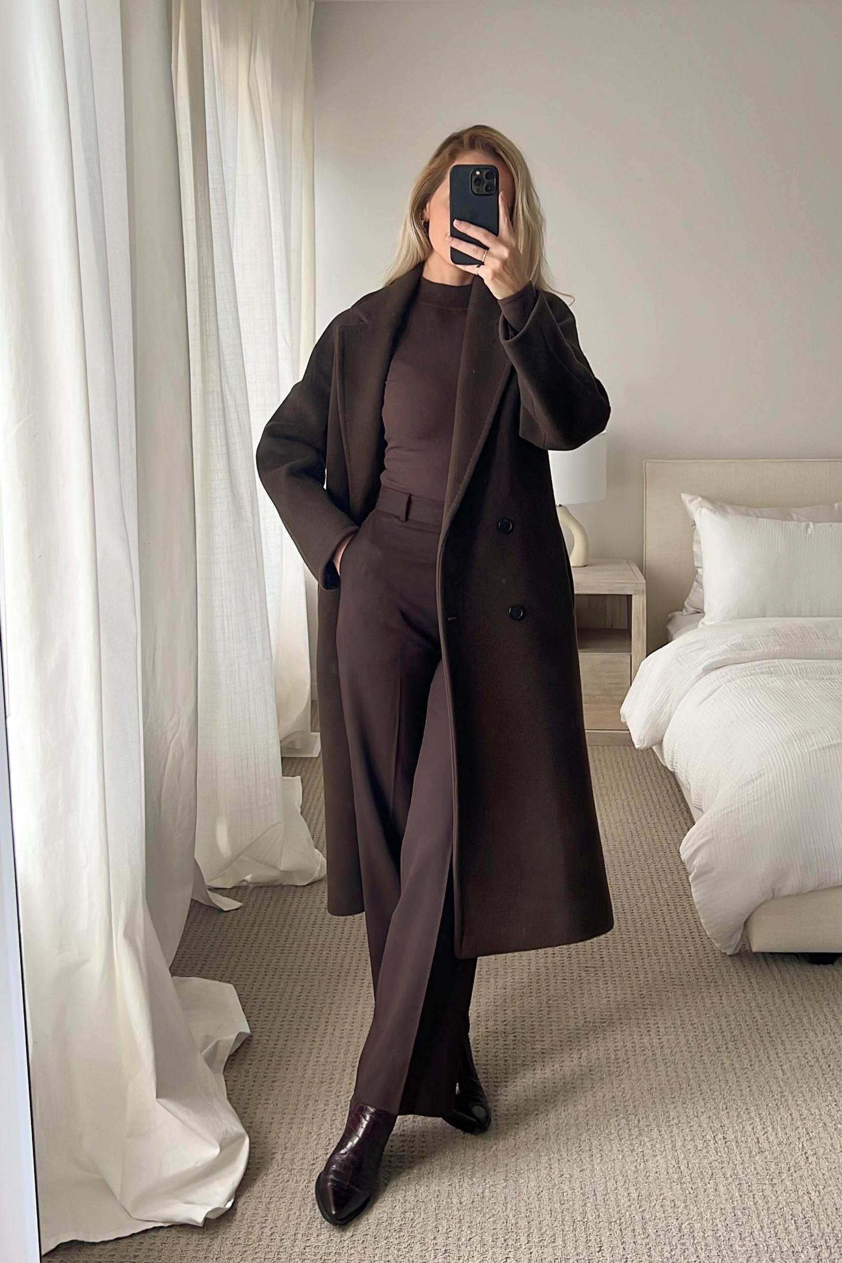 Monochromatic Dark Brown Wool Coat and Straight-Leg Pants — Fall to Winter Outfits