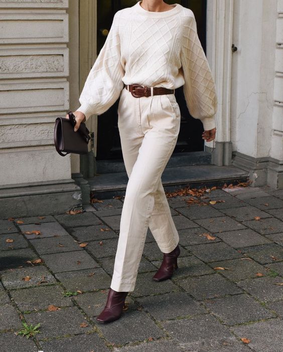 Cable-Knit Sweater and Twill Trousers for Casual Chic Cable-Knit Sweater and Twill Trousers for Casual Chic — Winter White Outfits