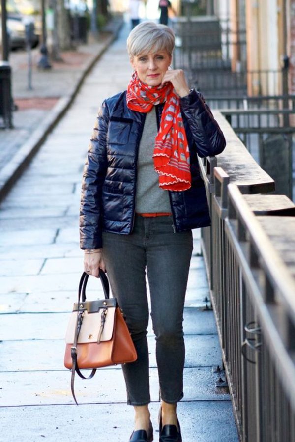 Navy Puffer Jacket with Red Scarf and Grey Jeans — Winter Puffer Jacket Outfits