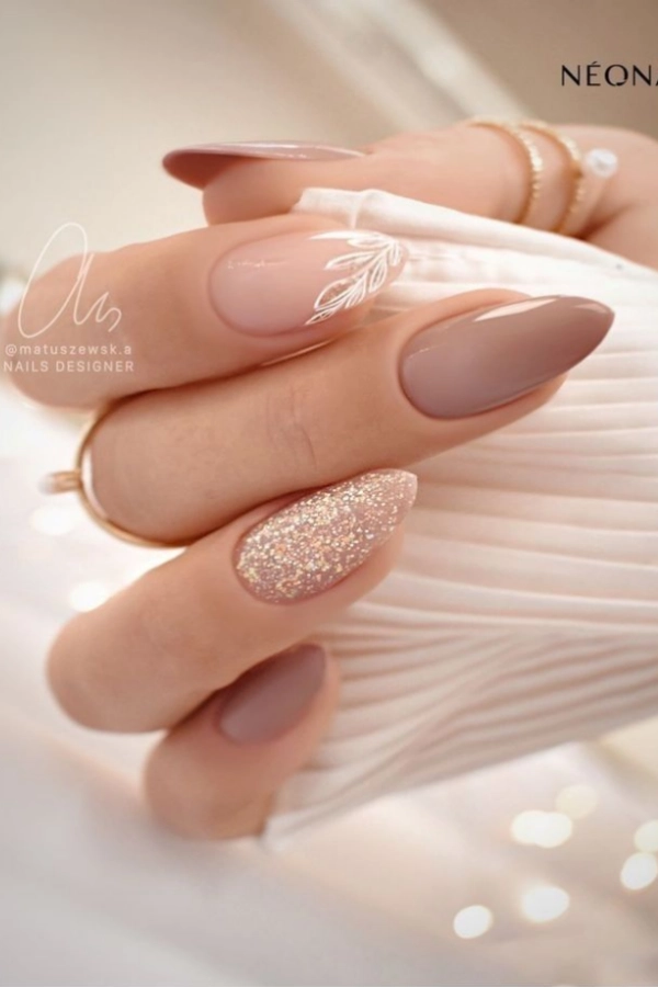 Nude and Brown Almond with Floral Art Nude and Brown Almond with Floral Art — Winter Wedding Nails