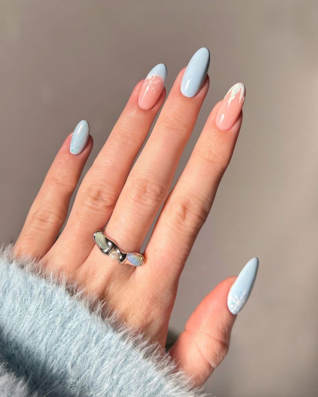 Blue and Pink Almond Snowflake Blue and Pink Almond Snowflake — Cute Winter Nails