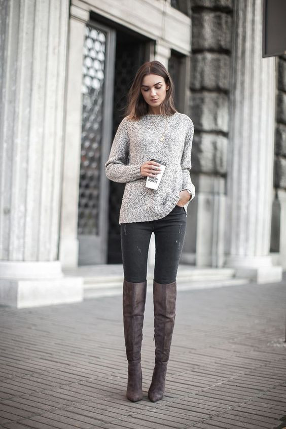 Dark Brown Suede Over-the-Knee Boots with Skinny Jeans and Knit Sweater — Over the Knee Boots Outfits
