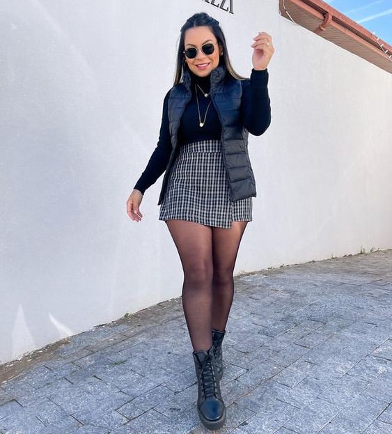 Puffer Vest and Plaid Skort Combination for a Casual Concert — Winter Concert Outfits