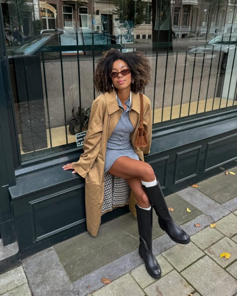 Knee-High Boots with a Mini Dress and Trench Coat Knee-High Boots with a Mini Dress and Trench Coat — Winter Boots Outfits
