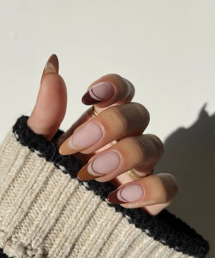 Brown Burgundy French Tip Almond — Medium Length Winter Nails