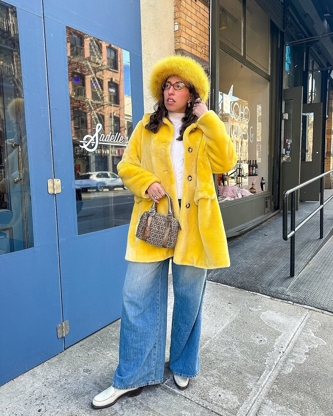 Yellow Fur Hat and Jacket with White Turtleneck — Fur Hat Outfits