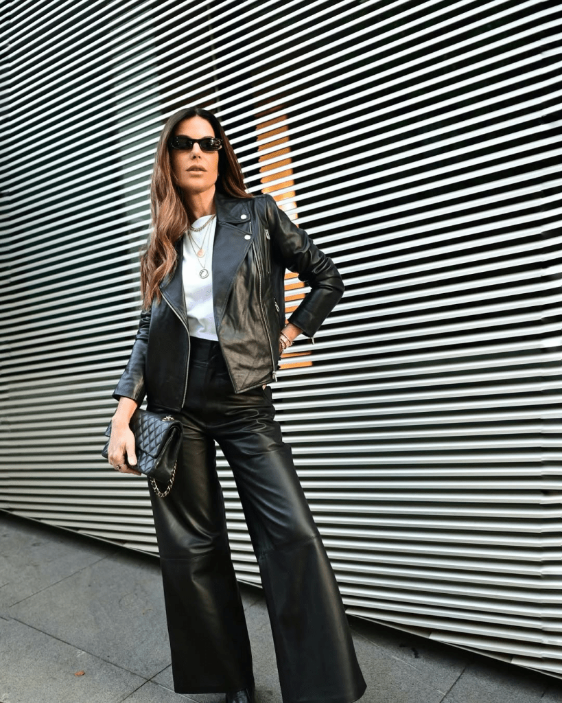 Classic Black and White Streetwear with Moto Jacket and Heeled Boots — Leather Pants Outfits