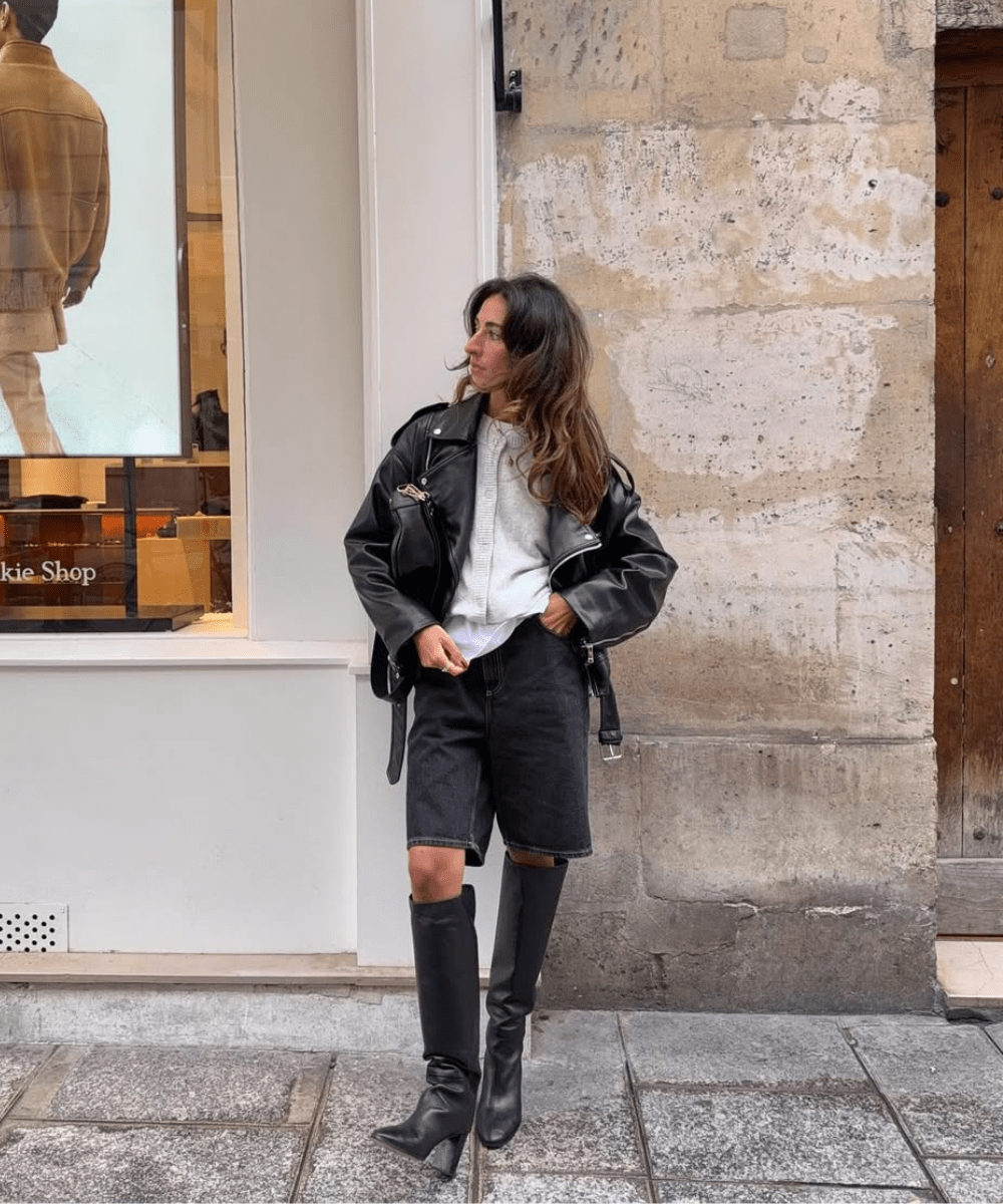 Casual Layering with Knee-High Boots and Denim Shorts — Black Boots Outfits