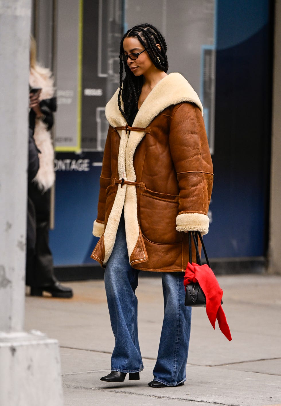 Shearling-Lined Brown Coat with Wide-Leg Jeans and Red Scarf — NYC Winter Outfits