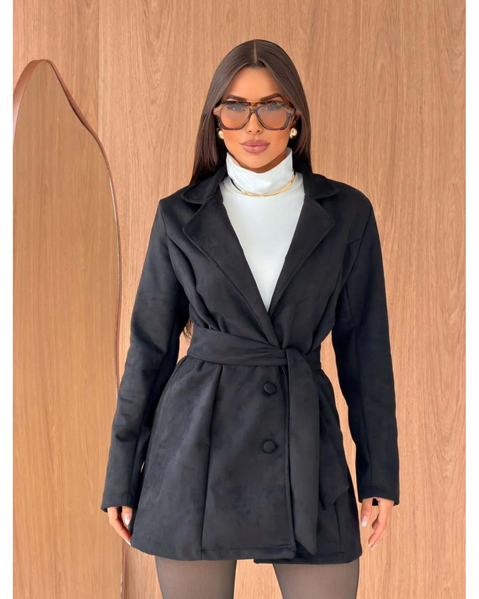 Black Suede Belted Jacket for Casual Styling — Peacoat Outfits