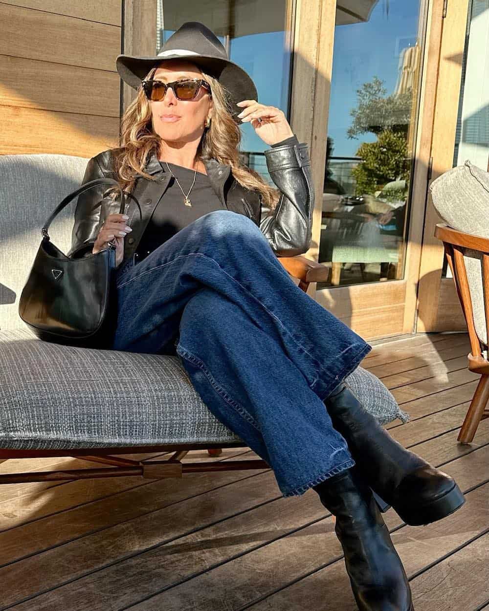 Black Cowboy Hat and Leather Jacket with Platform Boots — Nashville Winter Outfits