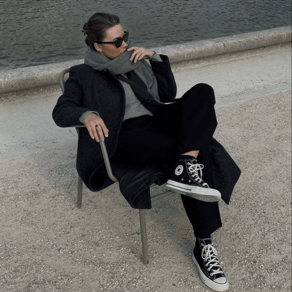 Wool Coat and Sweater with High-Top Sneakers — Winter Outfits with Sneakers