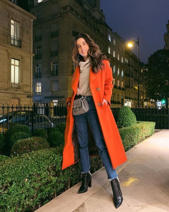 Vibrant Orange Wool Coat Over a Grey Turtleneck and Jeans — Casual Winter Outfits