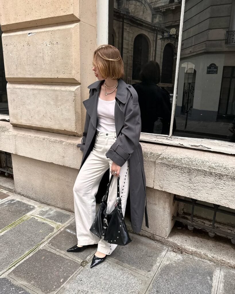 Classic Trench Coat Style: Grey Car Coat with White Jeans — Car Coat Outfits